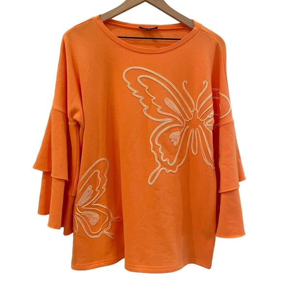 DG2 by Diane Gilman Orange Oversized Butterfly Sweater with  Ruffled Bell Sleeve - Picture 1 of 8